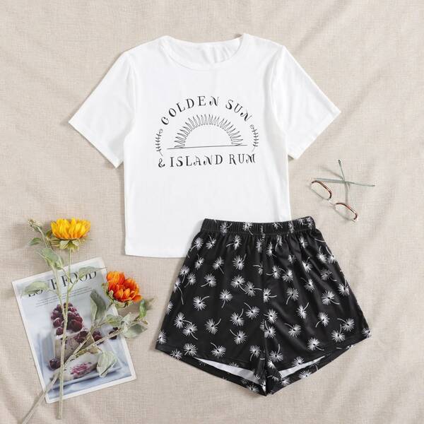 

Dandelion & Slogan Graphic PJ Set, Black and white