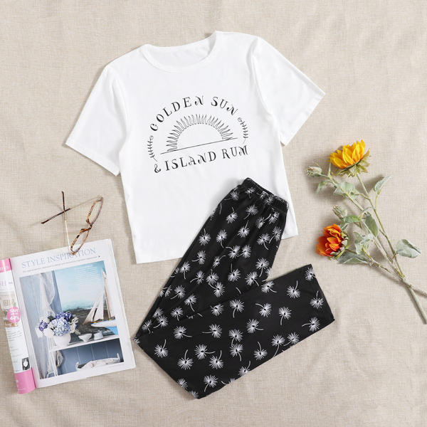 

Dandelion And Slogan Graphic Pajama Set, Black and white