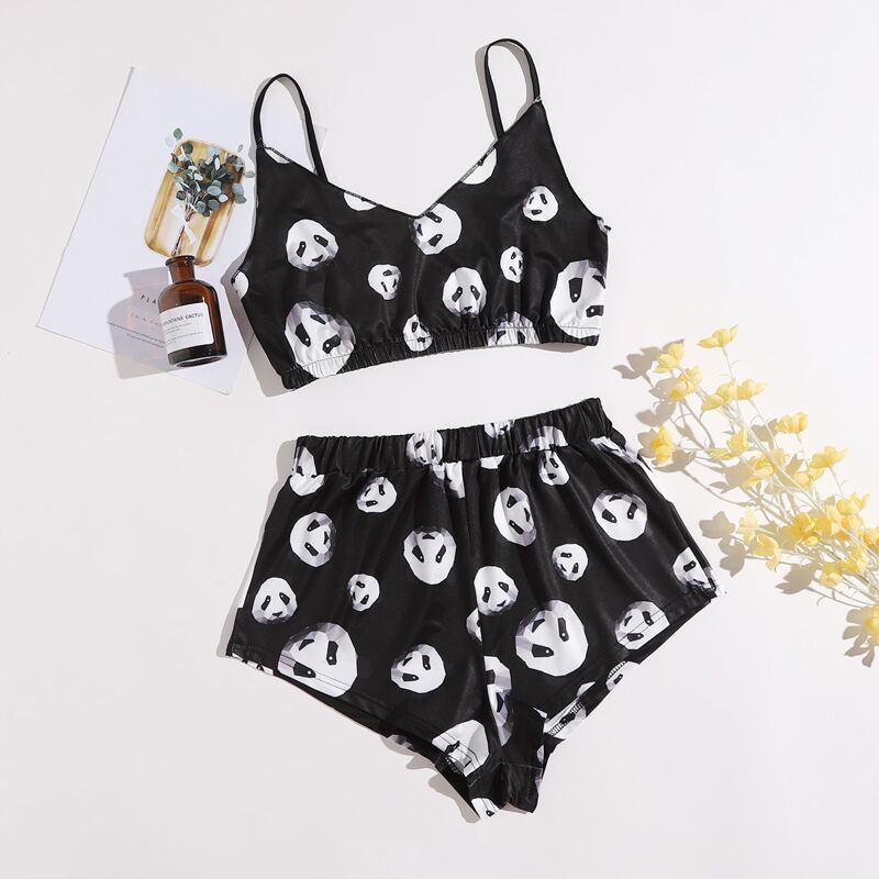 

Panda Graphic Cami Pajama Set, Black