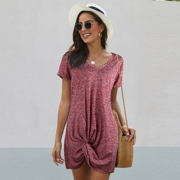

V-neck Twist Hem Tee Dress, Burgundy