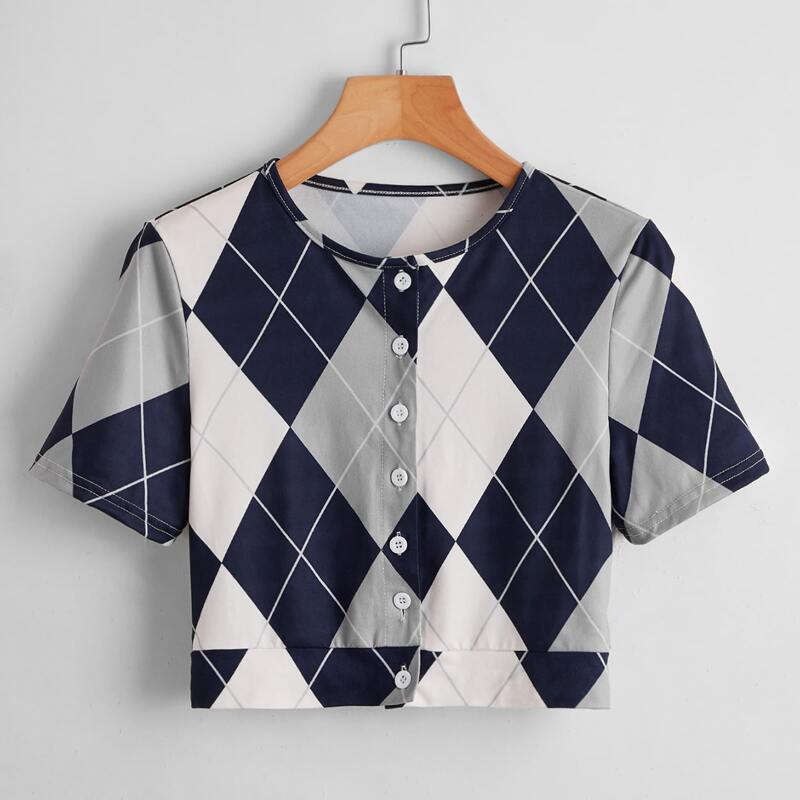 

Argyle Pattern Button Front Tee, Multicolor