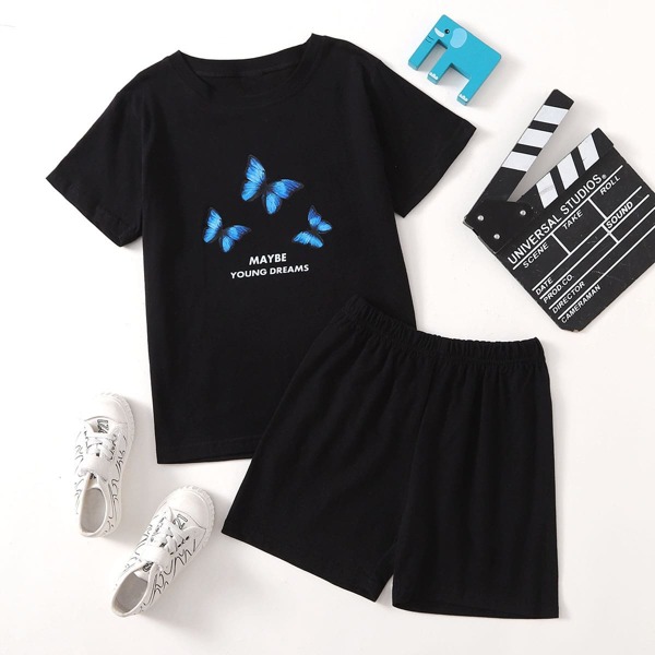 

Boys Butterfly And Slogan Graphic Tee & Track Shorts, Black