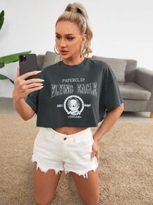 SHEIN EZwear Drop Shoulder Letter Graphic Tee - Grey - View 1