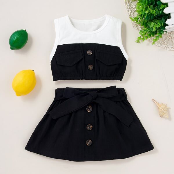 

Baby Girl Flap Detail Colorblock Tank Top & Belted Skirt Set, Black
