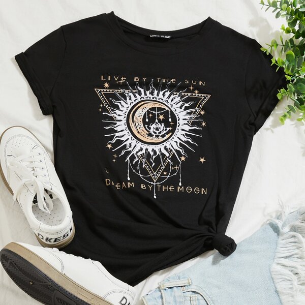 

Galaxy Print Round Neck Tee, Black