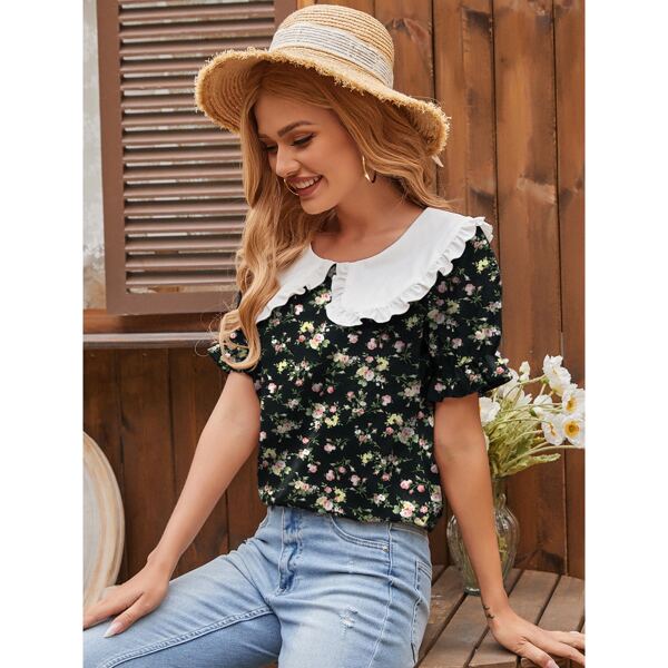 

Statement Collar Ditsy Floral Flounce Sleeve Blouse, Black