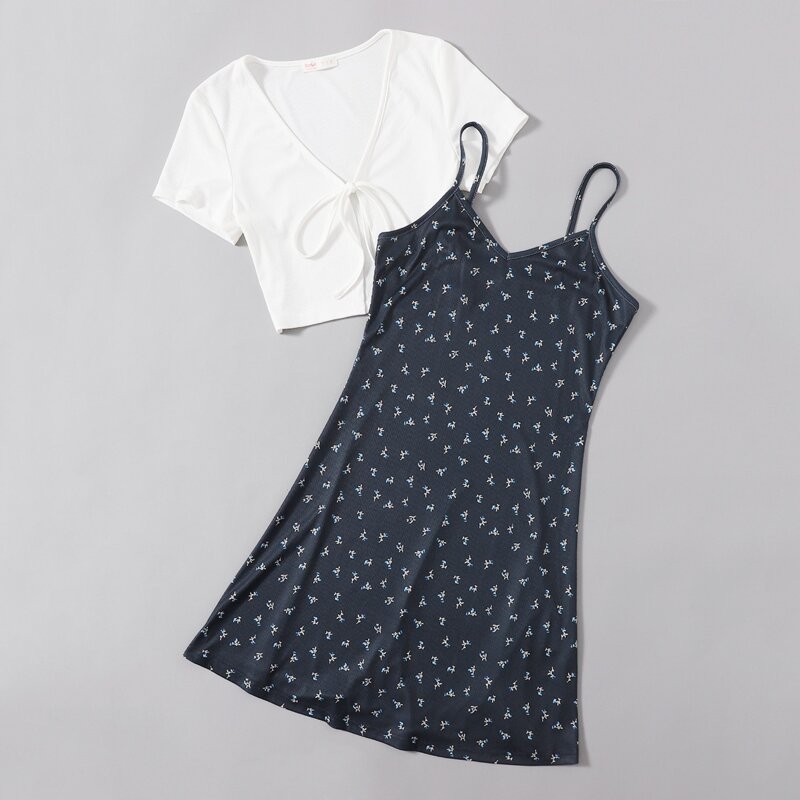 

Solid Tie Front Crop Top & Ditsy Flower Cami Dress, Multicolor