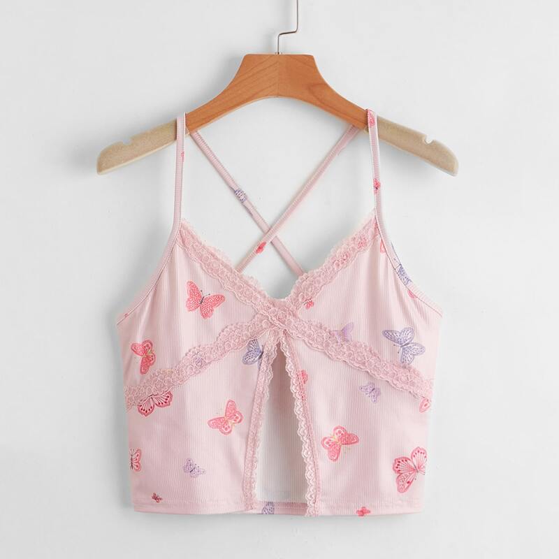 

Lace Insert Butterfly Graphic Cami, Multicolor