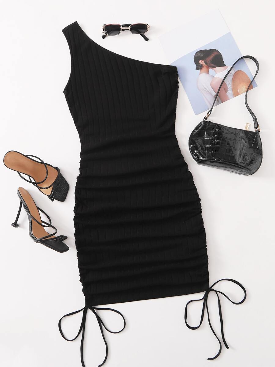 SHEIN Drawstring Ruched Bodycon Dress - Black - View 1