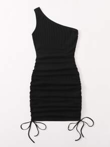 SHEIN Drawstring Ruched Bodycon Dress - Black - View 4