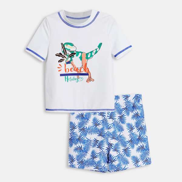 

Boys Cartoon Dinosaur & Leaf Print Swimsuit, Multicolor