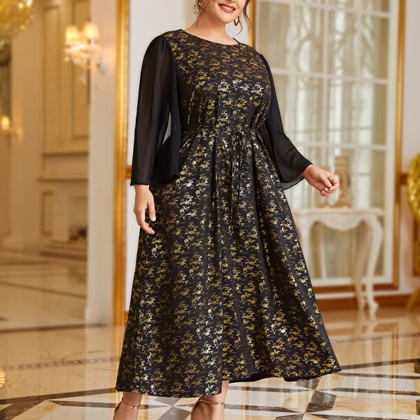 

Plus Gold Printing Butterfly Sleeve A-line Dress, Black