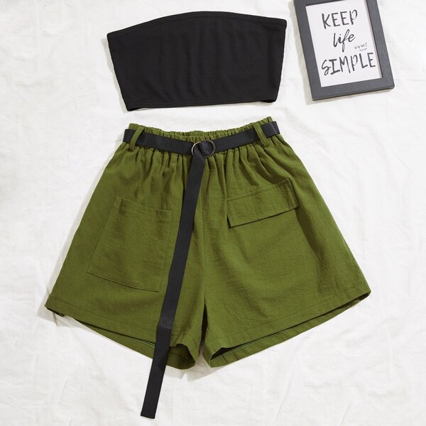 

Tube Top & Pocket Front Belted Shorts, Multicolor