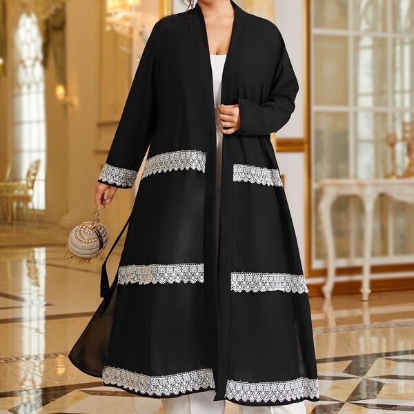 

Plus Lace Trim Split Belted Abaya, Black