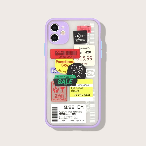

Label Pattern Contrast Frame Phone Case, Purple
