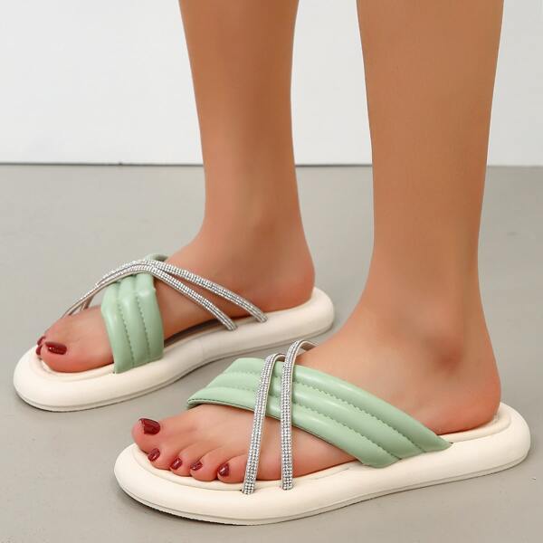 

Rhinestone Decor Cross Strap Slide Sandals, Green