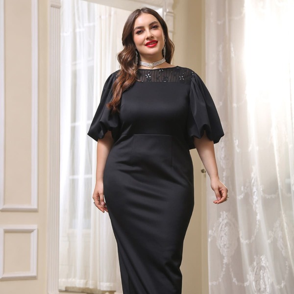 

Plus Lace Yoke Lantern Sleeve Split Hem Prom Dress, Black