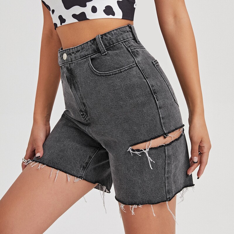

Ripped Raw Hem Denim Shorts, Dark grey
