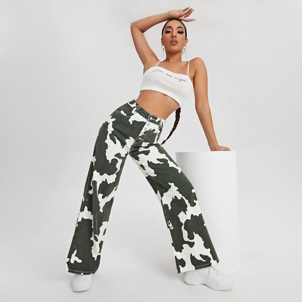 

High Waist Cow Pattern Wide Leg Jeans, Multicolor