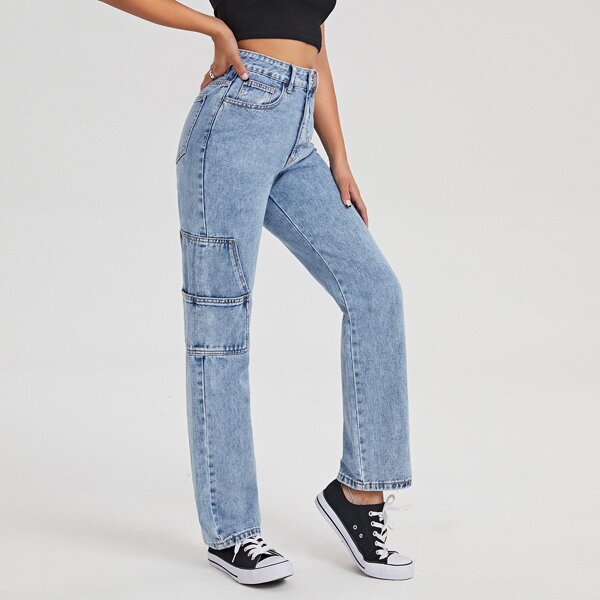 

High Waist Slant Pocket Straight Jeans, Light wash