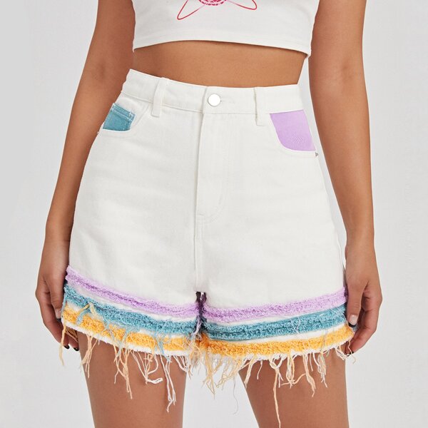 

Zipper Fly Colorblock Raw Hem Denim Shorts, White