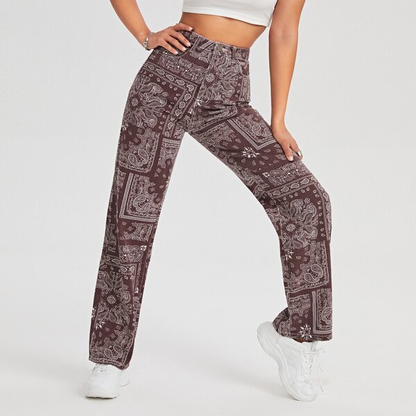 

Paisley Print High Waist Straight Leg Jeans, Multicolor