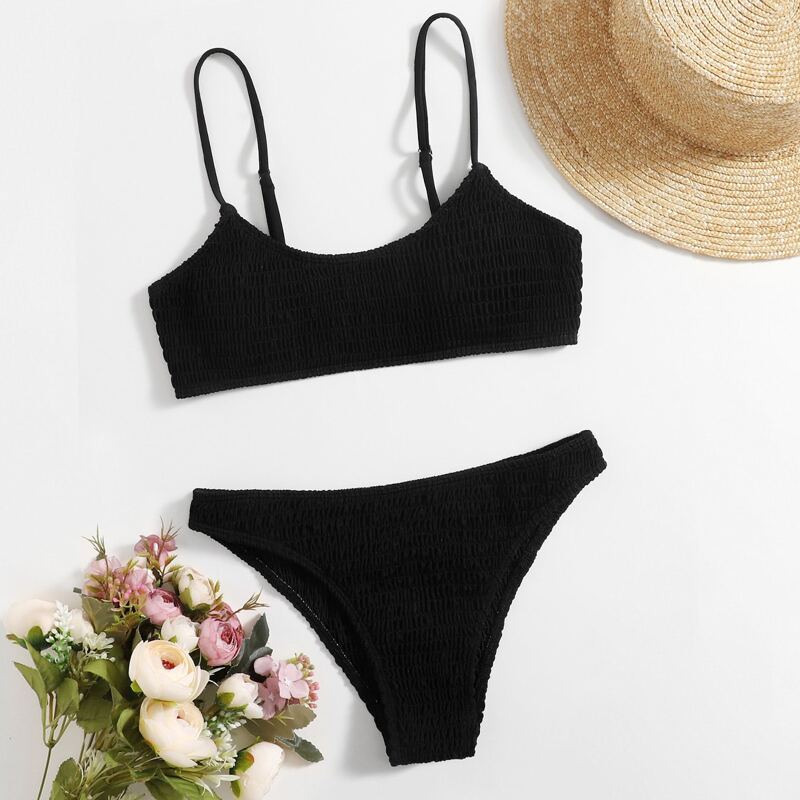 

Plain Smocked Bikini Swimsuit, Black