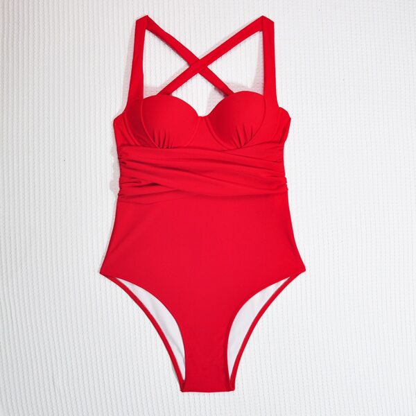 

Solid Underwire Halter One Piece Swimsuit, Red