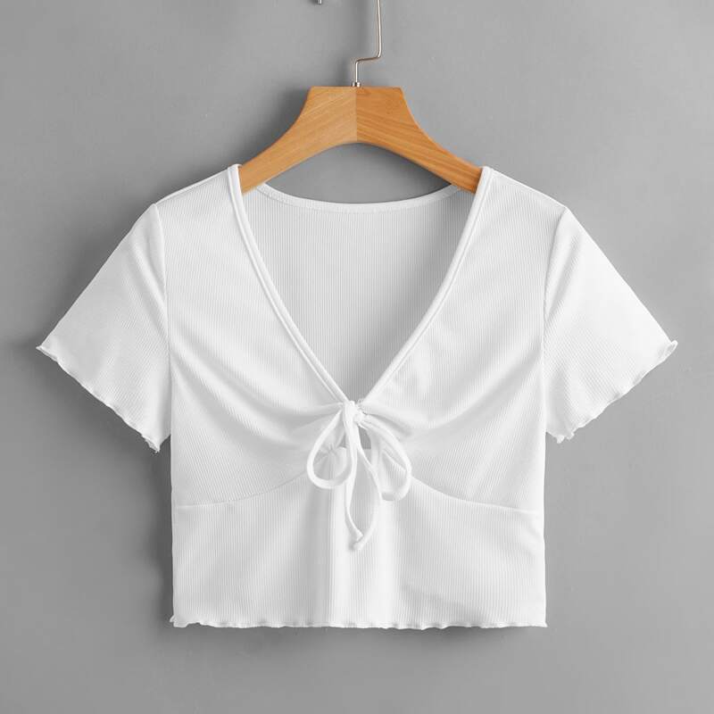 

Solid Tie Front Ribbed Tee, White