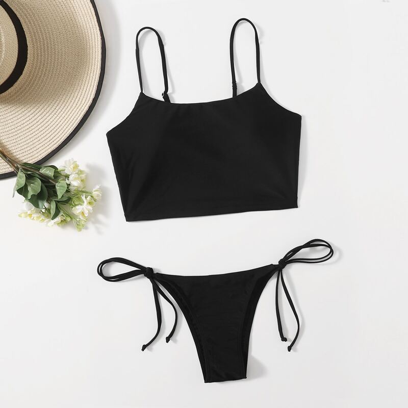 

Solid Tie Side Bikini Swimsuit, Black