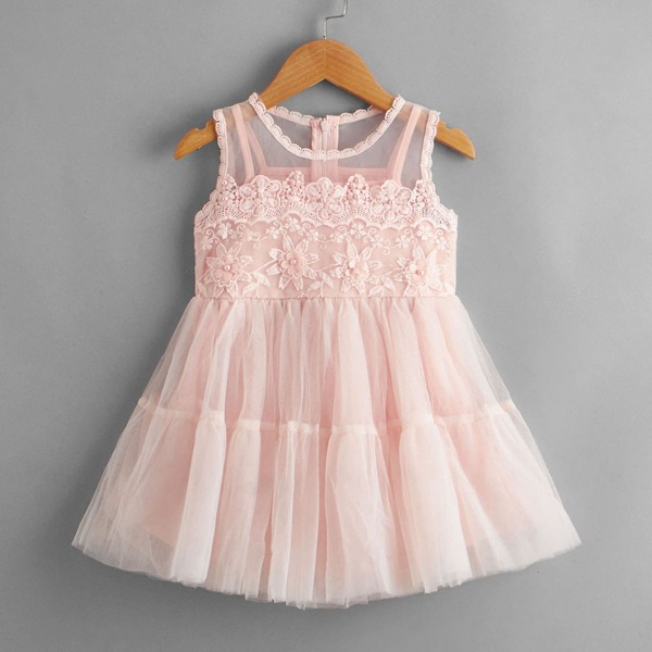 

Toddler Girls Solid Pearls Beaded Mesh Babydoll Dress, Baby pink