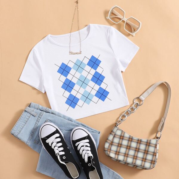 

Argyle Print Crop Tee, White
