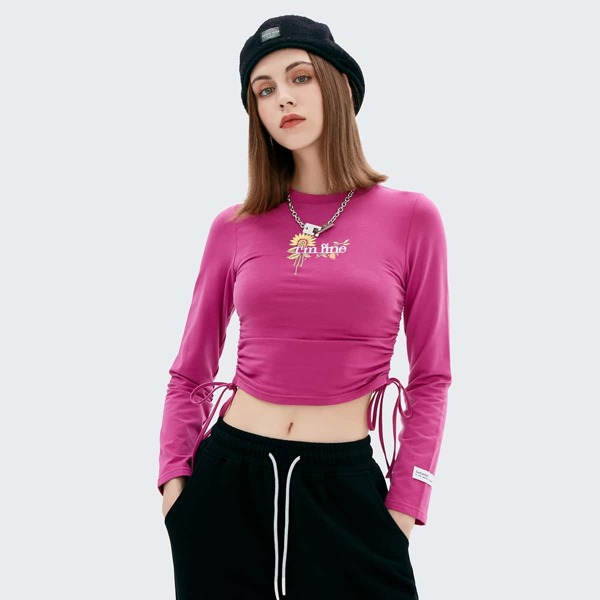 

Embroidery Floral & Slogan Drawstring Side Tee, Red violet