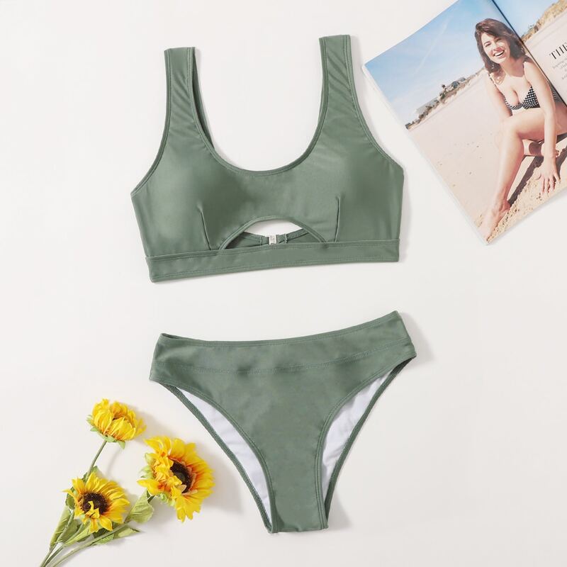 

Solid Cut Out Bikini Swimsuit, Army green
