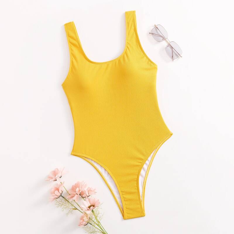 

Solid Rib One Piece Swimsuit, Yellow
