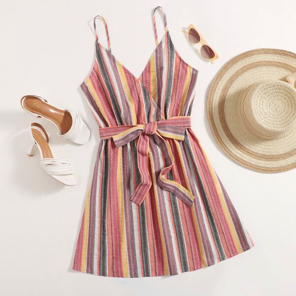 

Striped Colorblock Surplice Neck Belted Slip Dress, Multicolor