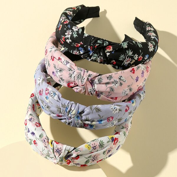 

4pcs Girls Knot Decor Flower Print Headband, Multicolor
