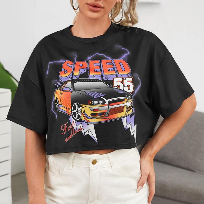 

Drop Shoulder Letter & Car Print Tee, Black