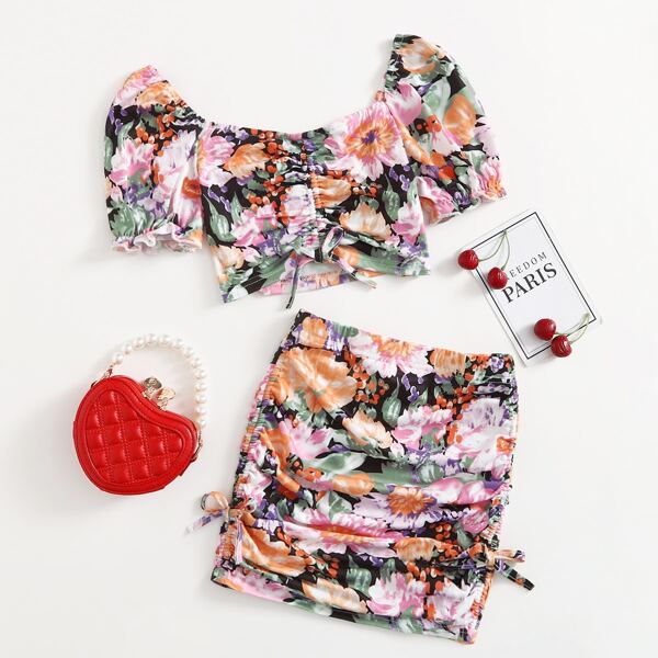 

Girls Floral Print Puff Sleeve Drawstring Ruched Crop Top & Skirt Set, Multicolor