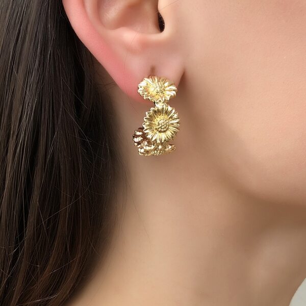 

Flower Design Open Hoop Earrings, Gold