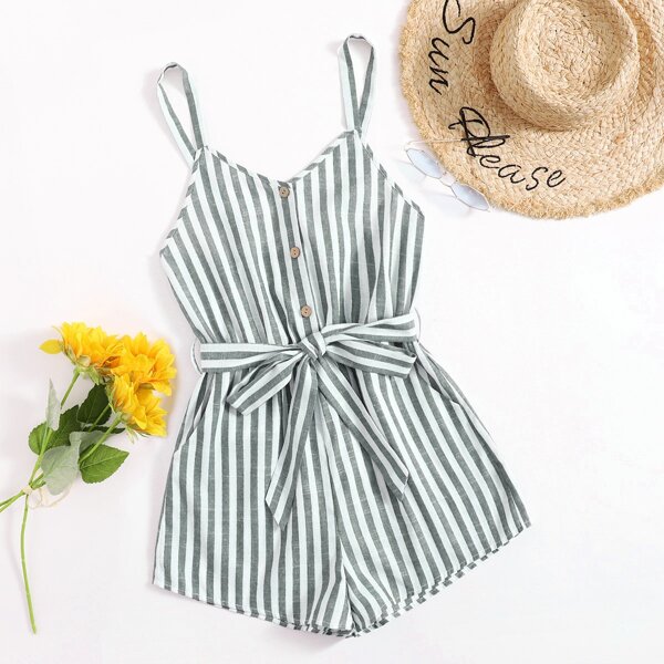

Two Tone Striped Belted Slip Romper, Multicolor
