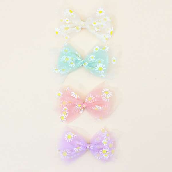 

4pcs Toddler Girls Flower Pattern Bow Decor Hair Clip, Multicolor