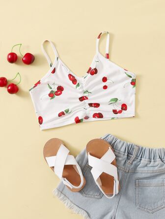 لباس علوي كامي قصير بتفاصيل مكشكش وبطباعة كرز للبنات