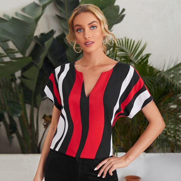 

Striped Notched Neck Batwing Sleeve Top, Multicolor