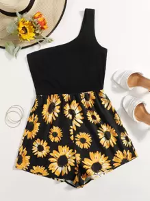SHEIN VCAY One Shoulder Sunflower Print Romper - Black - View 1