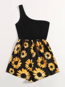 SHEIN VCAY One Shoulder Sunflower Print Romper - Black - View 2