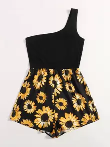SHEIN VCAY One Shoulder Sunflower Print Romper - Black - View 4