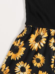 SHEIN VCAY One Shoulder Sunflower Print Romper - Black - View 5