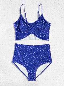 Polka Dot High Waisted Bikini Set - Blue and White - View 3
