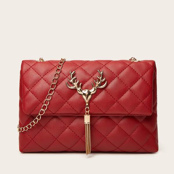 

Metal&Fringe Decor Quilted Chain Crossbody Bag, Red